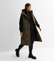 New Look Khaki Diamond Quilted Long Hooded Puffer Gilet